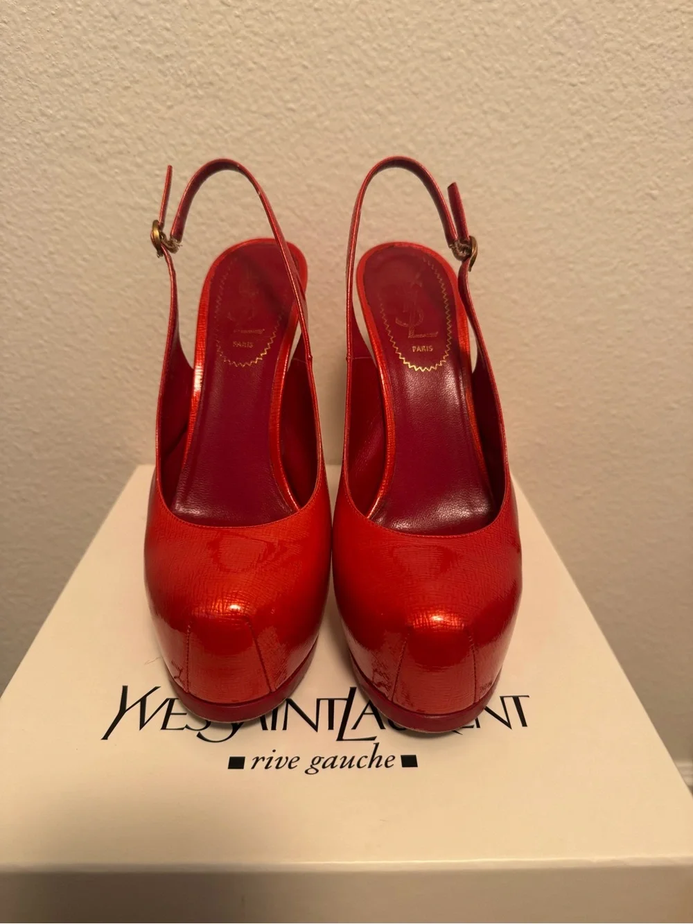 Yves Saint Laurent Red Patent Slingback Platform Pumps